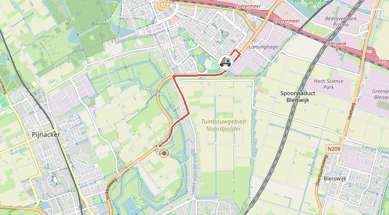 Kaart van de omgeving van de melding, met de kazerne die is gealarmeerd
