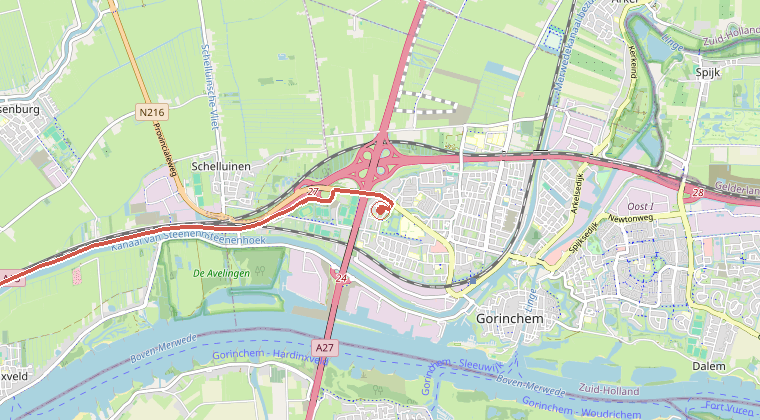 Kaart van de omgeving van de melding, met de kazerne die is gealarmeerd