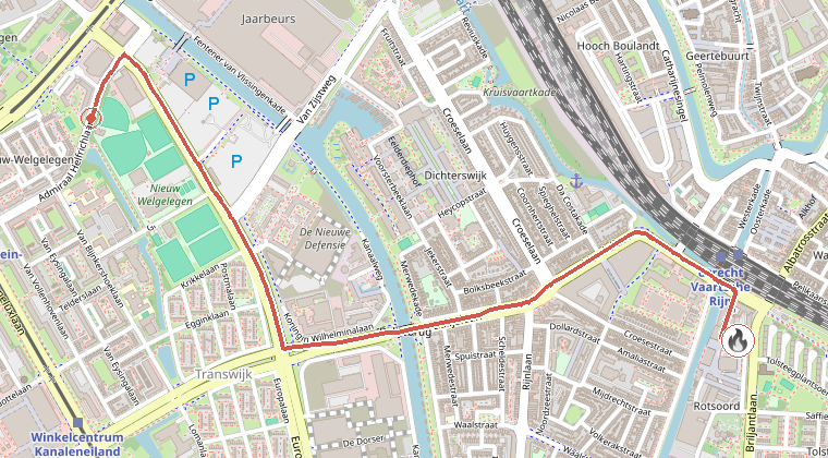 Kaart van de omgeving van de melding, met de kazerne die is gealarmeerd