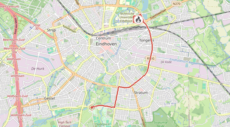 Kaart van de omgeving van de melding, met de kazerne die is gealarmeerd