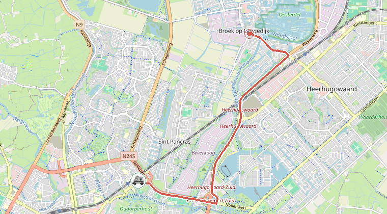 Kaart van de omgeving van de melding, met de kazerne die is gealarmeerd