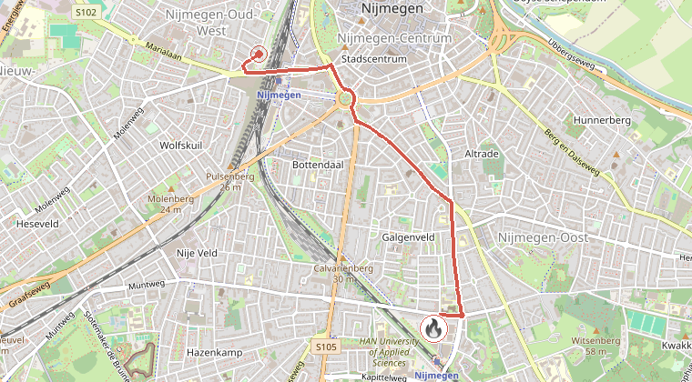 Kaart van de omgeving van de melding, met de kazerne die is gealarmeerd