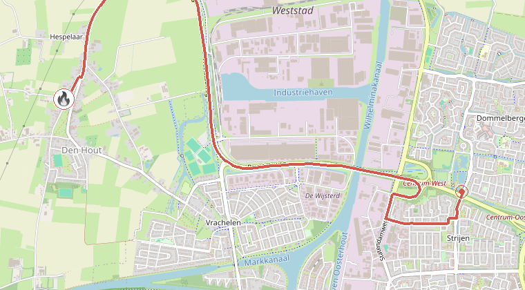 Kaart van de omgeving van de melding, met de kazerne die is gealarmeerd