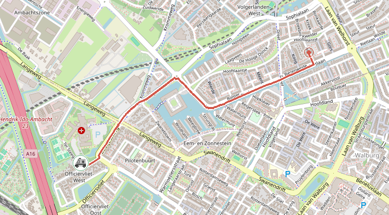 Kaart van de omgeving van de melding, met de kazerne die is gealarmeerd