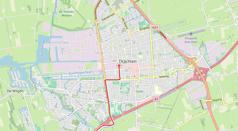 Kaart van de omgeving van de melding, met de kazerne die is gealarmeerd