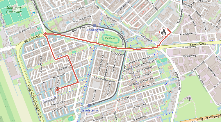 Kaart van de omgeving van de melding, met de kazerne die is gealarmeerd
