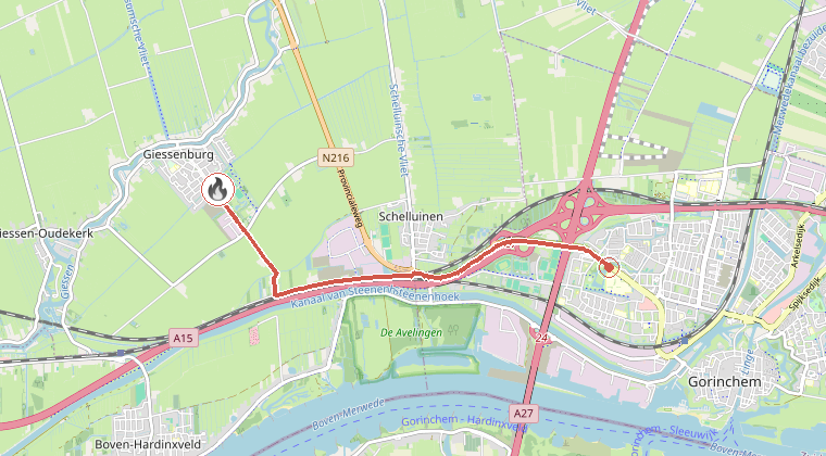 Kaart van de omgeving van de melding, met de kazerne die is gealarmeerd
