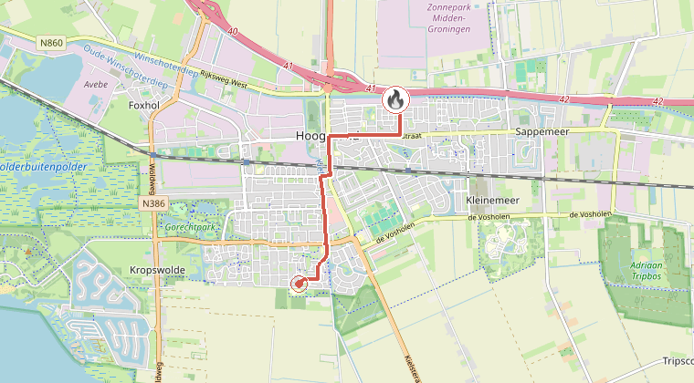 Kaart van de omgeving van de melding, met de kazerne die is gealarmeerd