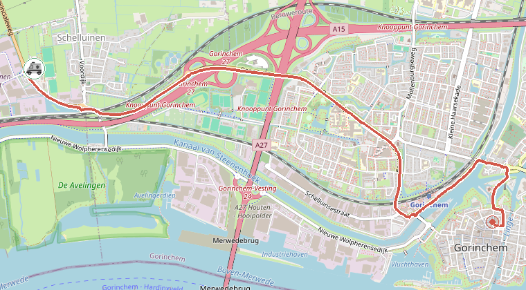 Kaart van de omgeving van de melding, met de kazerne die is gealarmeerd