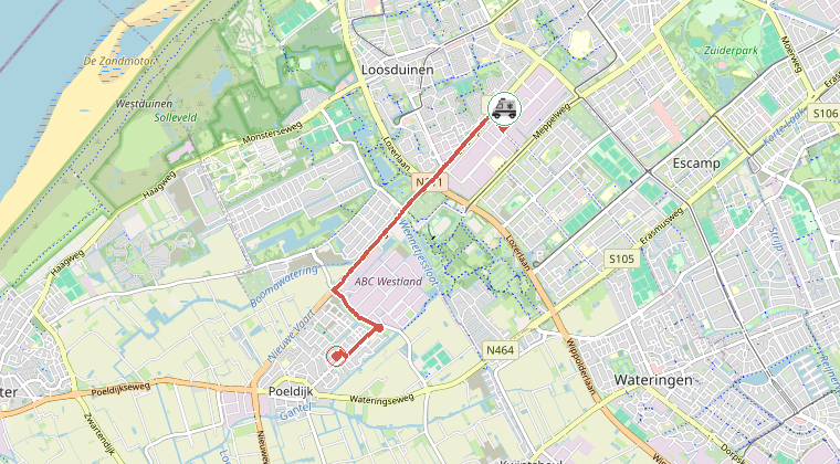 Kaart van de omgeving van de melding, met de kazerne die is gealarmeerd