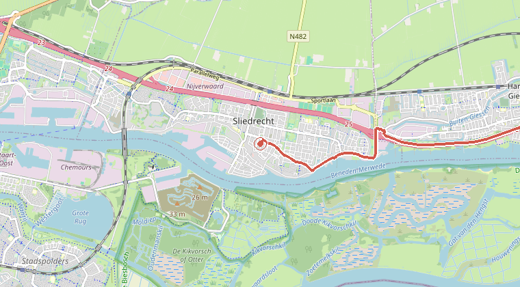 Kaart van de omgeving van de melding, met de kazerne die is gealarmeerd