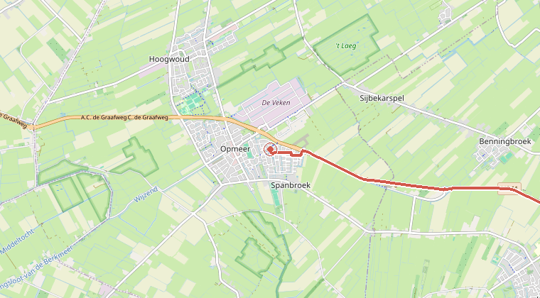 Kaart van de omgeving van de melding, met de kazerne die is gealarmeerd
