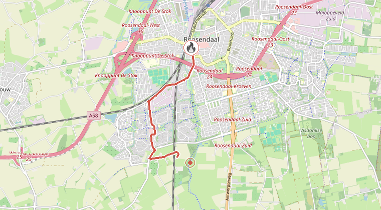 Kaart van de omgeving van de melding, met de kazerne die is gealarmeerd