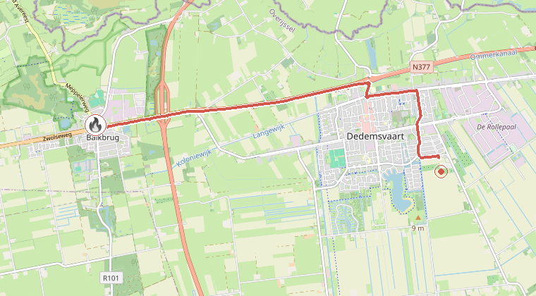Kaart van de omgeving van de melding, met de kazerne die is gealarmeerd