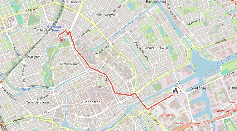Kaart van de omgeving van de melding, met de kazerne die is gealarmeerd