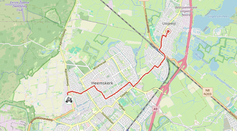 Kaart van de omgeving van de melding, met de kazerne die is gealarmeerd