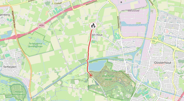 Kaart van de omgeving van de melding, met de kazerne die is gealarmeerd