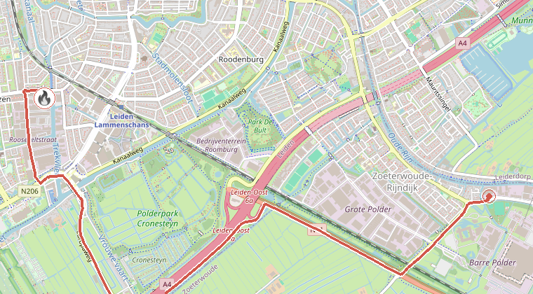 Kaart van de omgeving van de melding, met de kazerne die is gealarmeerd