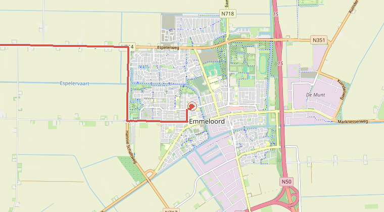 Kaart van de omgeving van de melding, met de kazerne die is gealarmeerd