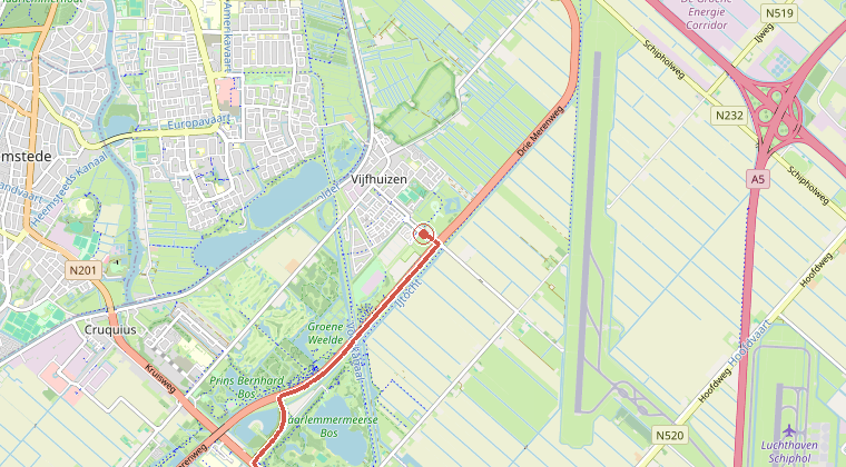 Kaart van de omgeving van de melding, met de kazerne die is gealarmeerd