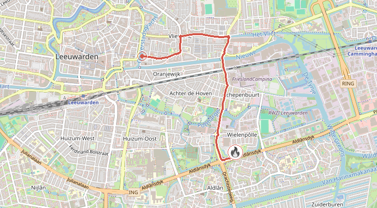 Kaart van de omgeving van de melding, met de kazerne die is gealarmeerd