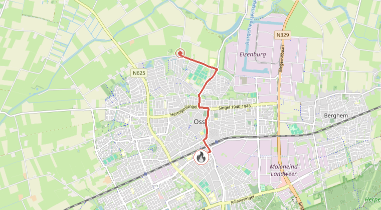 Kaart van de omgeving van de melding, met de kazerne die is gealarmeerd