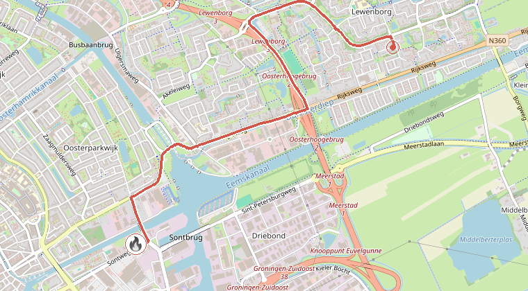 Kaart van de omgeving van de melding, met de kazerne die is gealarmeerd