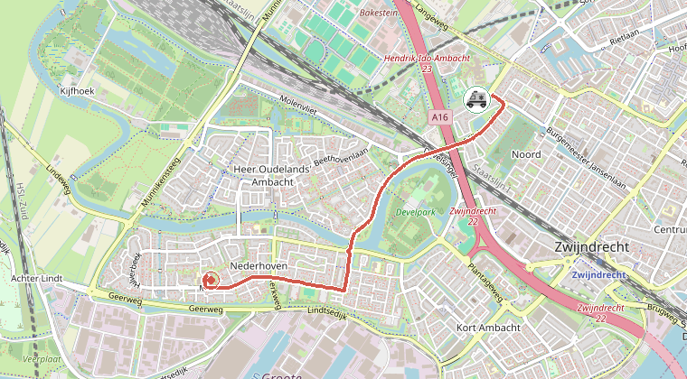 Kaart van de omgeving van de melding, met de kazerne die is gealarmeerd