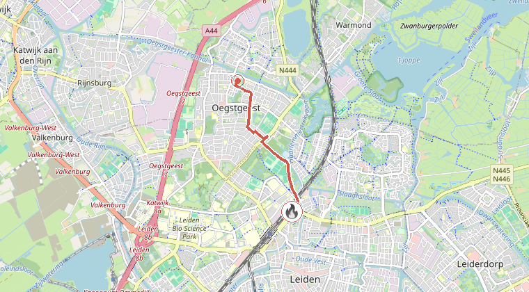Kaart van de omgeving van de melding, met de kazerne die is gealarmeerd