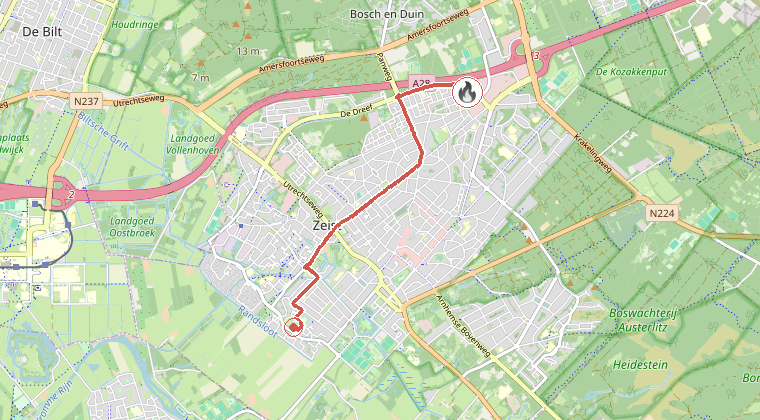 Kaart van de omgeving van de melding, met de kazerne die is gealarmeerd