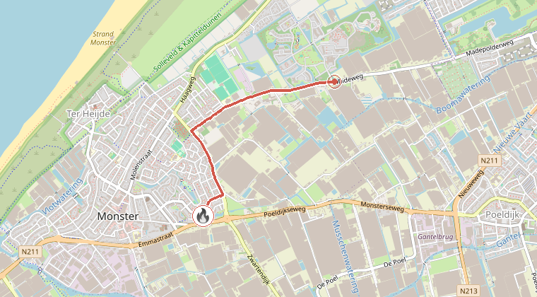 Kaart van de omgeving van de melding, met de kazerne die is gealarmeerd