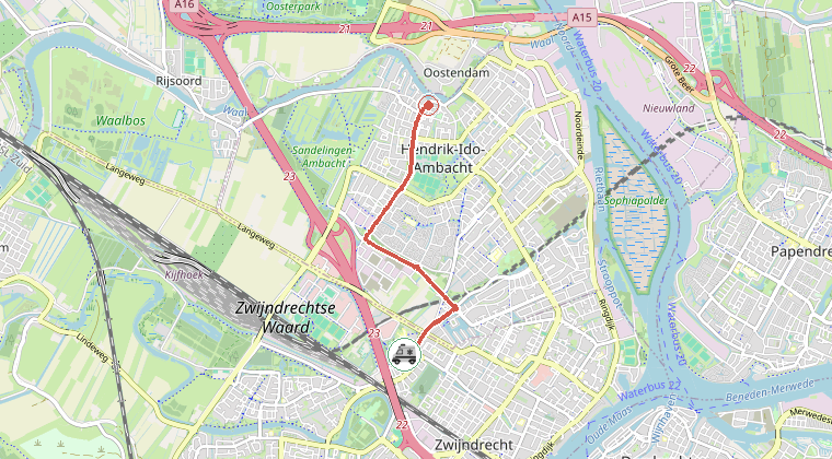 Kaart van de omgeving van de melding, met de kazerne die is gealarmeerd