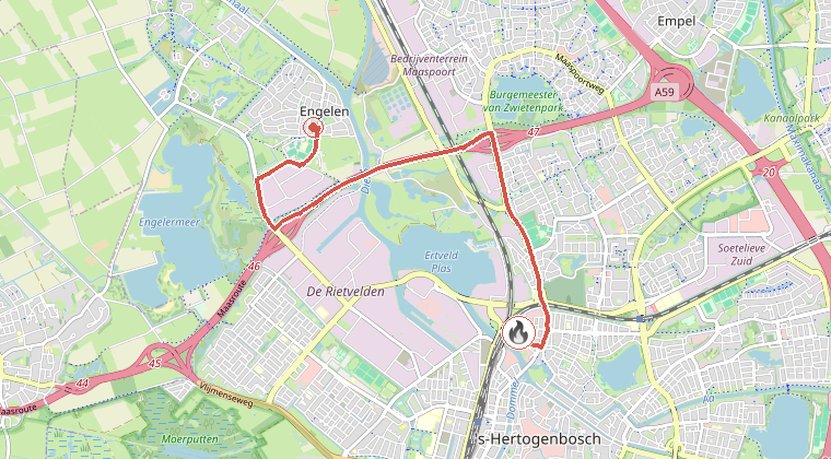 Kaart van de omgeving van de melding, met de kazerne die is gealarmeerd