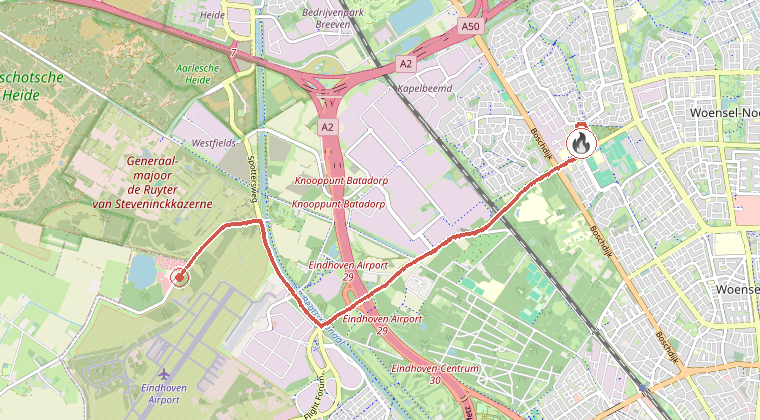 Kaart van de omgeving van de melding, met de kazerne die is gealarmeerd