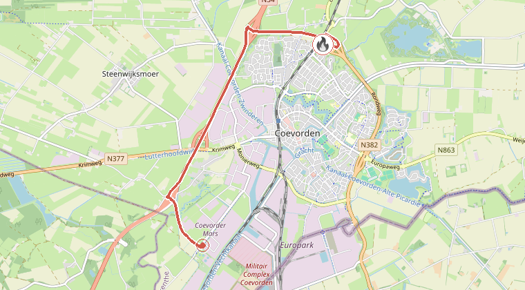 Kaart van de omgeving van de melding, met de kazerne die is gealarmeerd