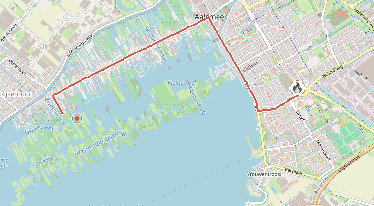 Kaart van de omgeving van de melding, met de kazerne die is gealarmeerd