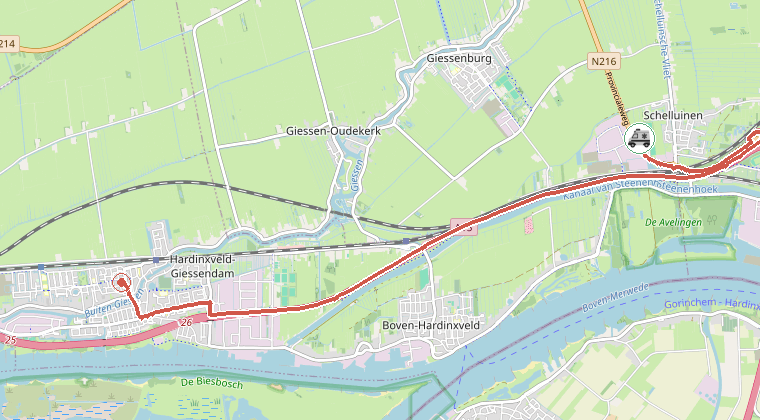 Kaart van de omgeving van de melding, met de kazerne die is gealarmeerd