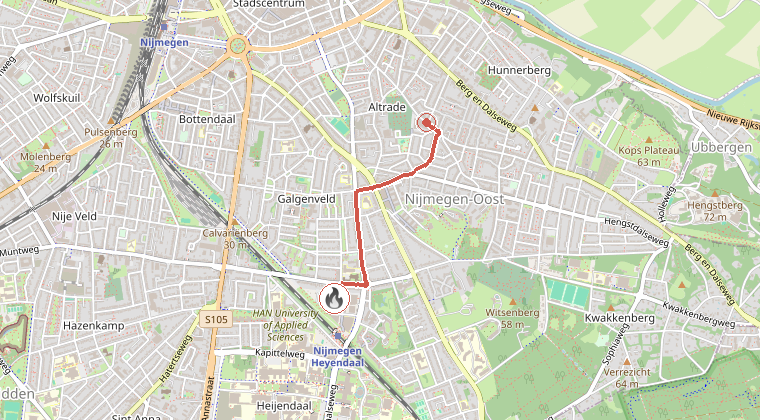 Kaart van de omgeving van de melding, met de kazerne die is gealarmeerd