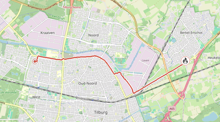 Kaart van de omgeving van de melding, met de kazerne die is gealarmeerd