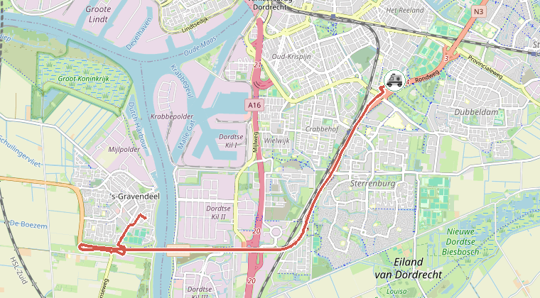Kaart van de omgeving van de melding, met de kazerne die is gealarmeerd