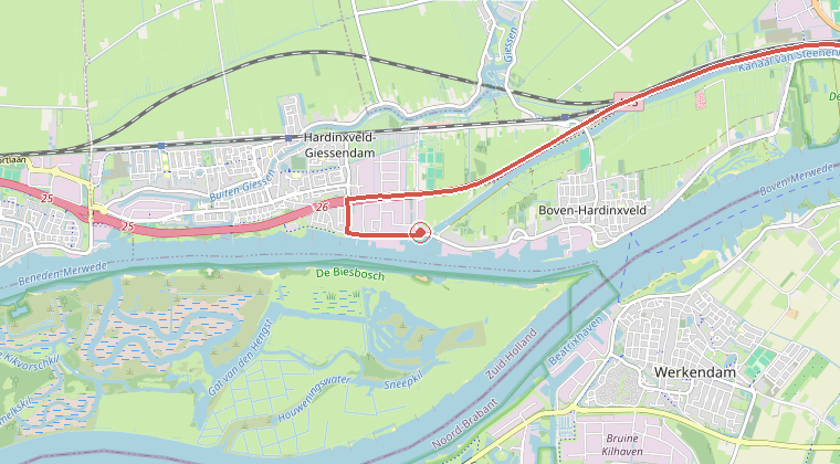 Kaart van de omgeving van de melding, met de kazerne die is gealarmeerd