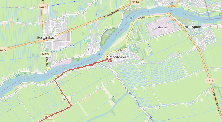 Kaart van de omgeving van de melding, met de kazerne die is gealarmeerd