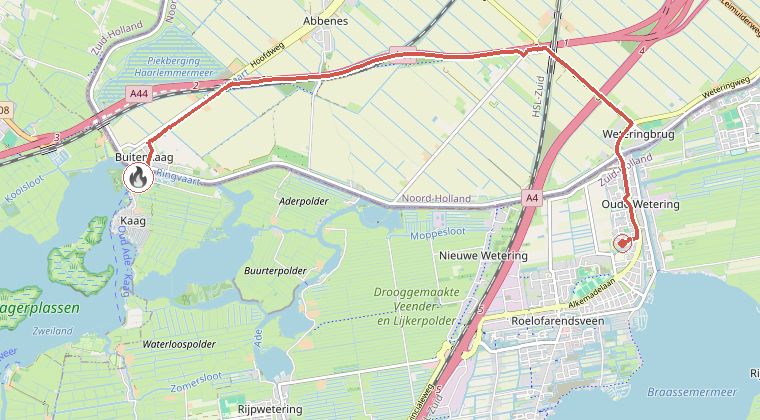 Kaart van de omgeving van de melding, met de kazerne die is gealarmeerd