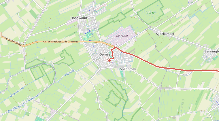 Kaart van de omgeving van de melding, met de kazerne die is gealarmeerd
