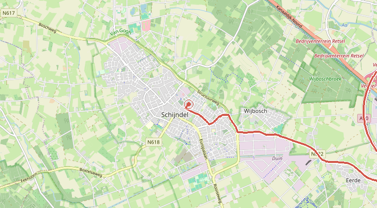 Kaart van de omgeving van de melding, met de kazerne die is gealarmeerd