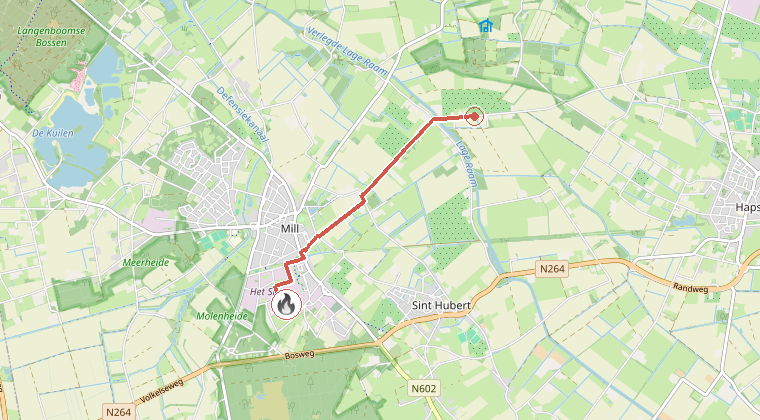 Kaart van de omgeving van de melding, met de kazerne die is gealarmeerd