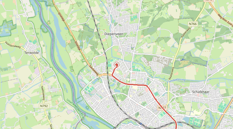 Kaart van de omgeving van de melding, met de kazerne die is gealarmeerd