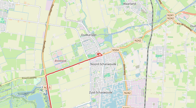 Kaart van de omgeving van de melding, met de kazerne die is gealarmeerd