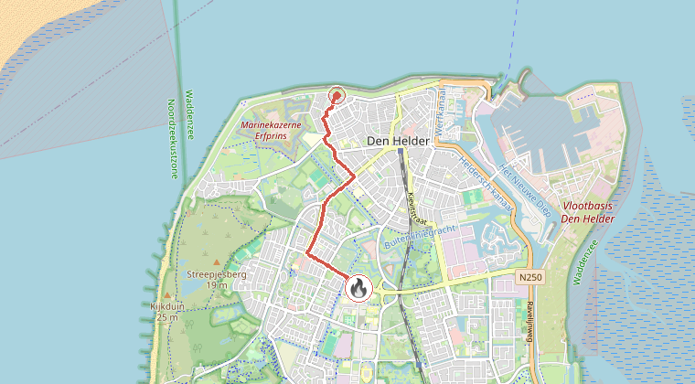 Kaart van de omgeving van de melding, met de kazerne die is gealarmeerd