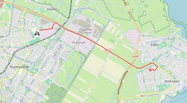 Kaart van de omgeving van de melding, met de kazerne die is gealarmeerd